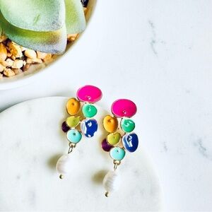 2/$30🌵 Long Colorful Enamel Geometric Pearl Drop Earrings Botanical Boho NEW